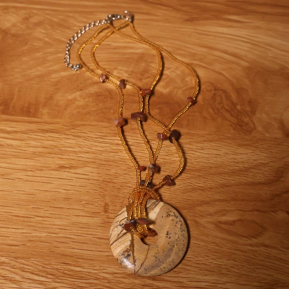 Boho Natural Stone Donut Pendant Necklace Brown Earthy Seed Bead Granola Zen